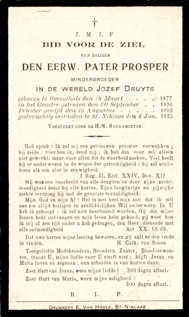 Bp. Pater Prosper. ° Herentals 1877 † St. Niklaas 1925, Ophalen of Verzenden, Bidprentje