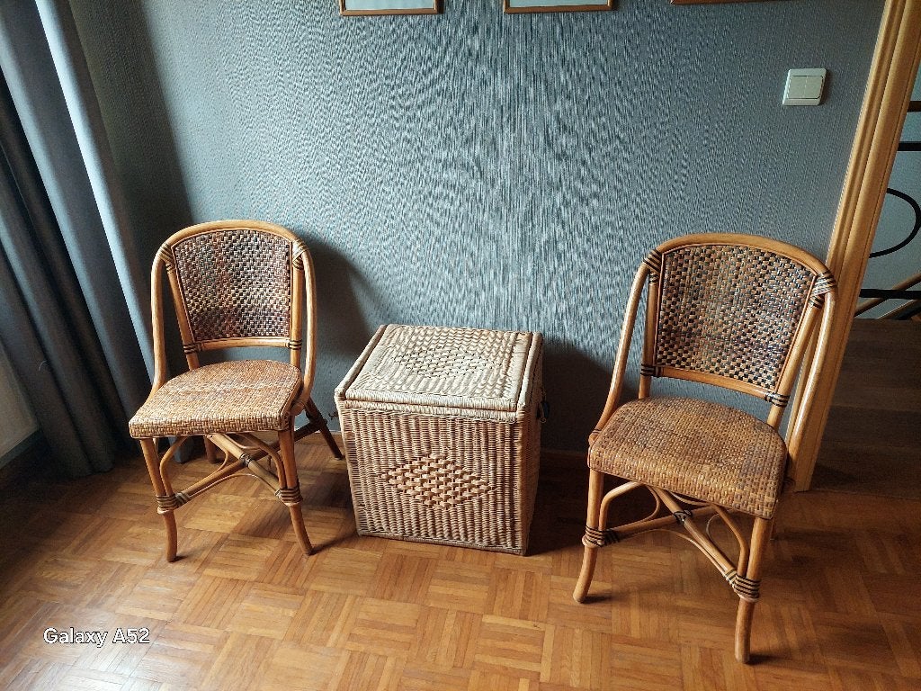 2 eetkamer of verandastoelen in gebogen hout en rotan, Ophalen, Zo goed als nieuw, Hout