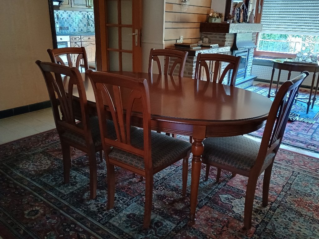 Ovalen tafel in kerselaar met 6 stoelen, Huis en Inrichting, Ophalen, 100 tot 150 cm, Klassiek, Zo goed als nieuw
