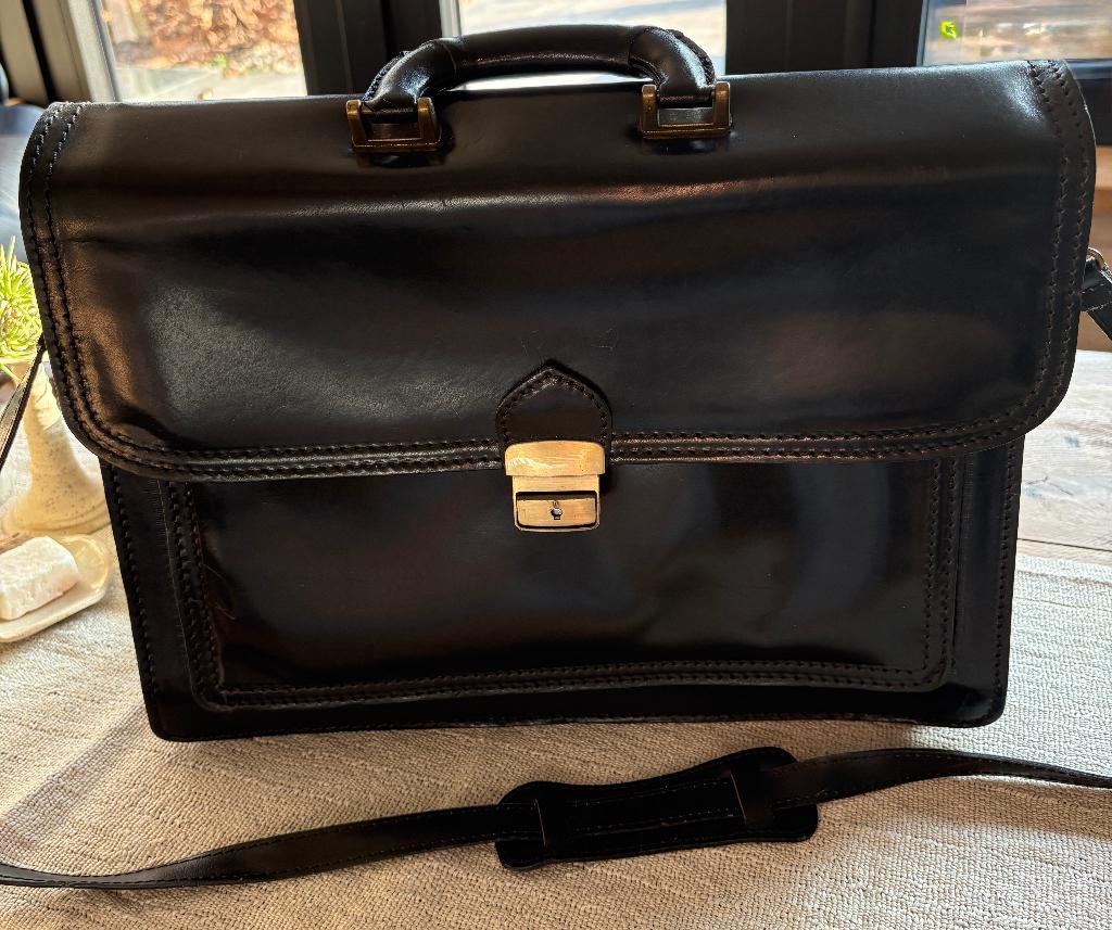 Zwarte lederen aktentas, Handtassen en Accessoires, Zwart, Nieuw, Leer, Ophalen