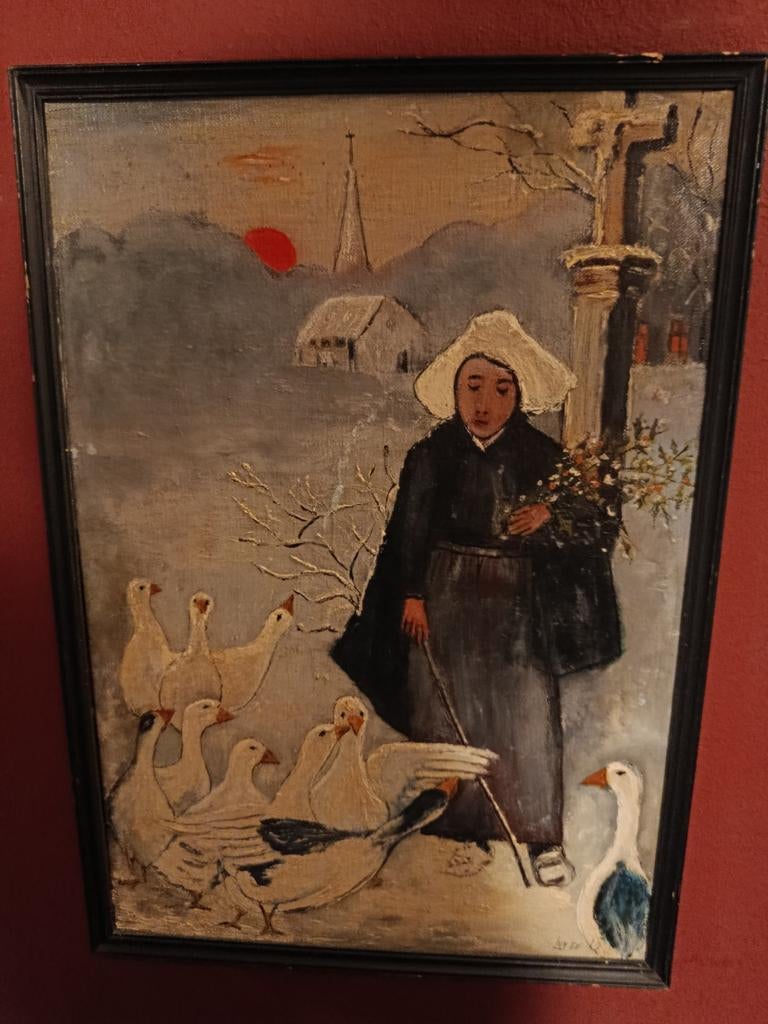 Huile signée Urbain Luyten 1966 – gardeuse d'oies, Antiek en Kunst, Ophalen