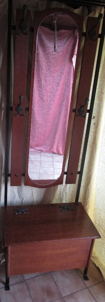 Vintage staande kapstok met spiegel, hoedenplank en koffer, Ophalen, Gebruikt, Staande kapstok, 150 tot 200 cm