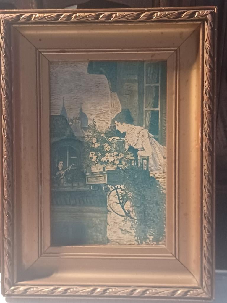 Oud schilderijtje/tafereeltje met kadertje. Goede staat., Ophalen of Verzenden