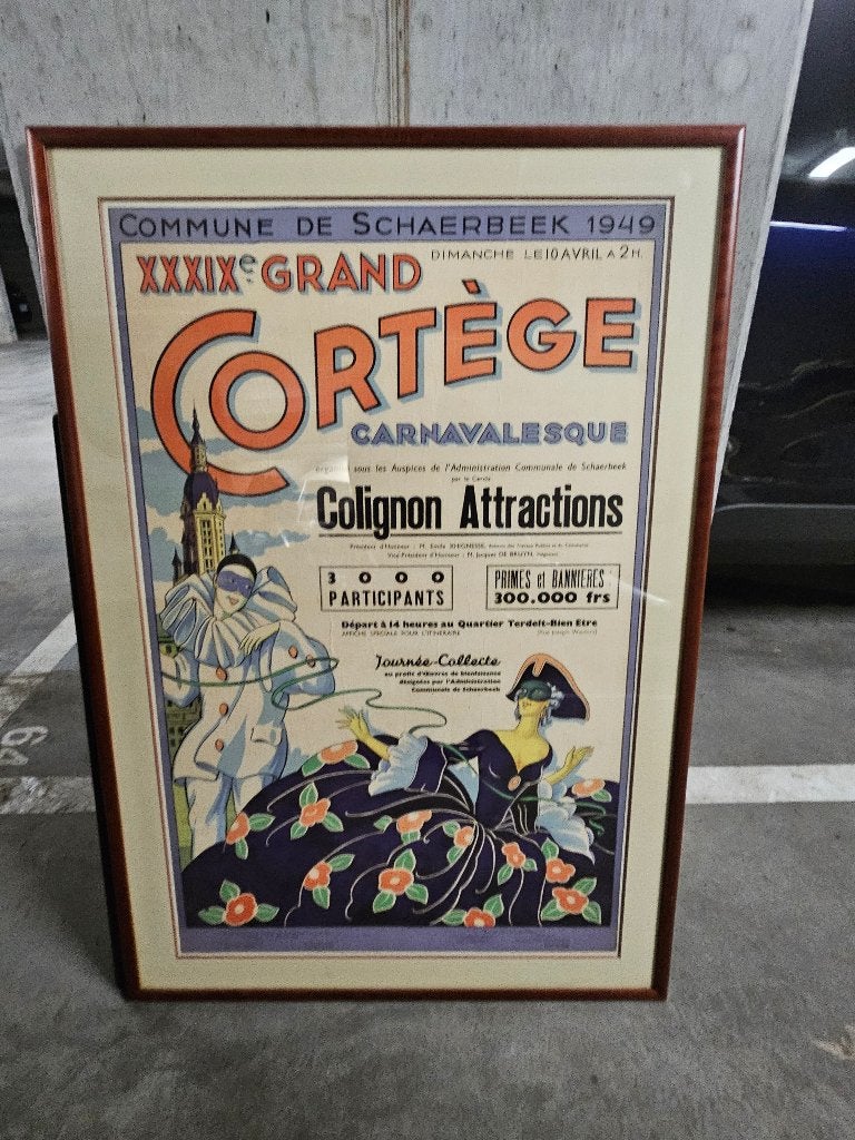 Affiche ancienne  encadrée – Carnaval de Schaerbeek 1949, Enlèvement, Comme neuf, Rectangulaire vertical, Publicité