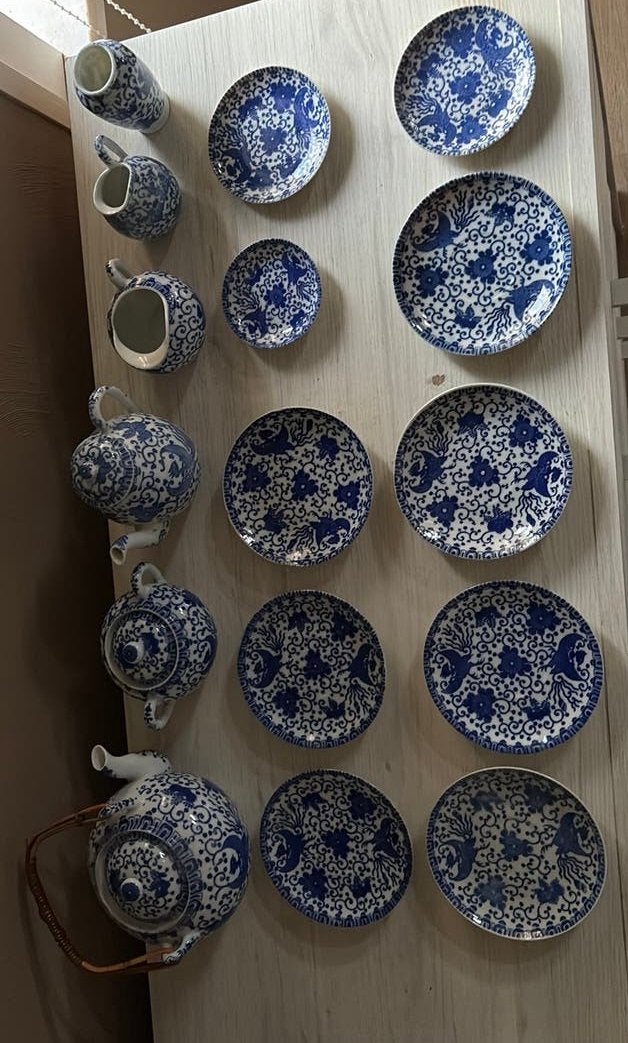 Prachtig Blauw-Wit Japans Porselein Servies - Feniks Patroon, Enlèvement ou Envoi