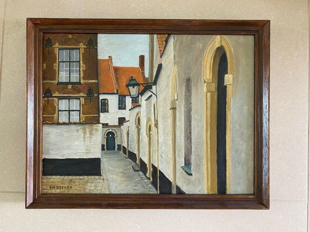 Tableau peinture béguinage de Courtrai, Antiquités & Art, Peinture acrylique, Enlèvement, Encadré, Toile