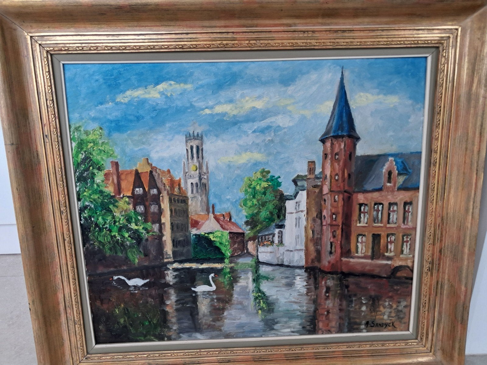 olieverfschilderij van de iconische Rozenhoedkaai in Brugge, Antiek en Kunst, Ophalen of Verzenden, Gesigneerd