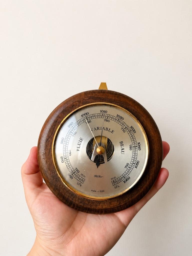 Baromètre vintage Fischer en bois et laiton – Made in GDR, Antiquités & Art, Curiosités & Brocante, Enlèvement ou Envoi