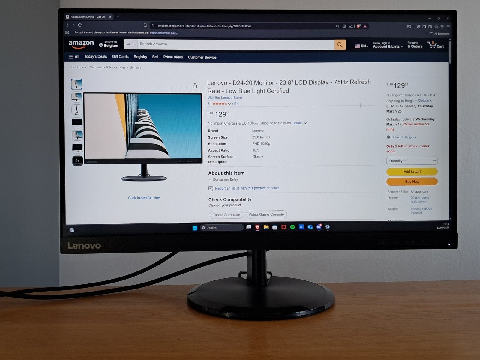 Lenovo D24-20 Monitor - 23.8 inch Full HD - 75Hz (Zgan), Computers en Software, Monitoren, HDMI, Full HD, Zo goed als nieuw, 61 t/m 100 Hz