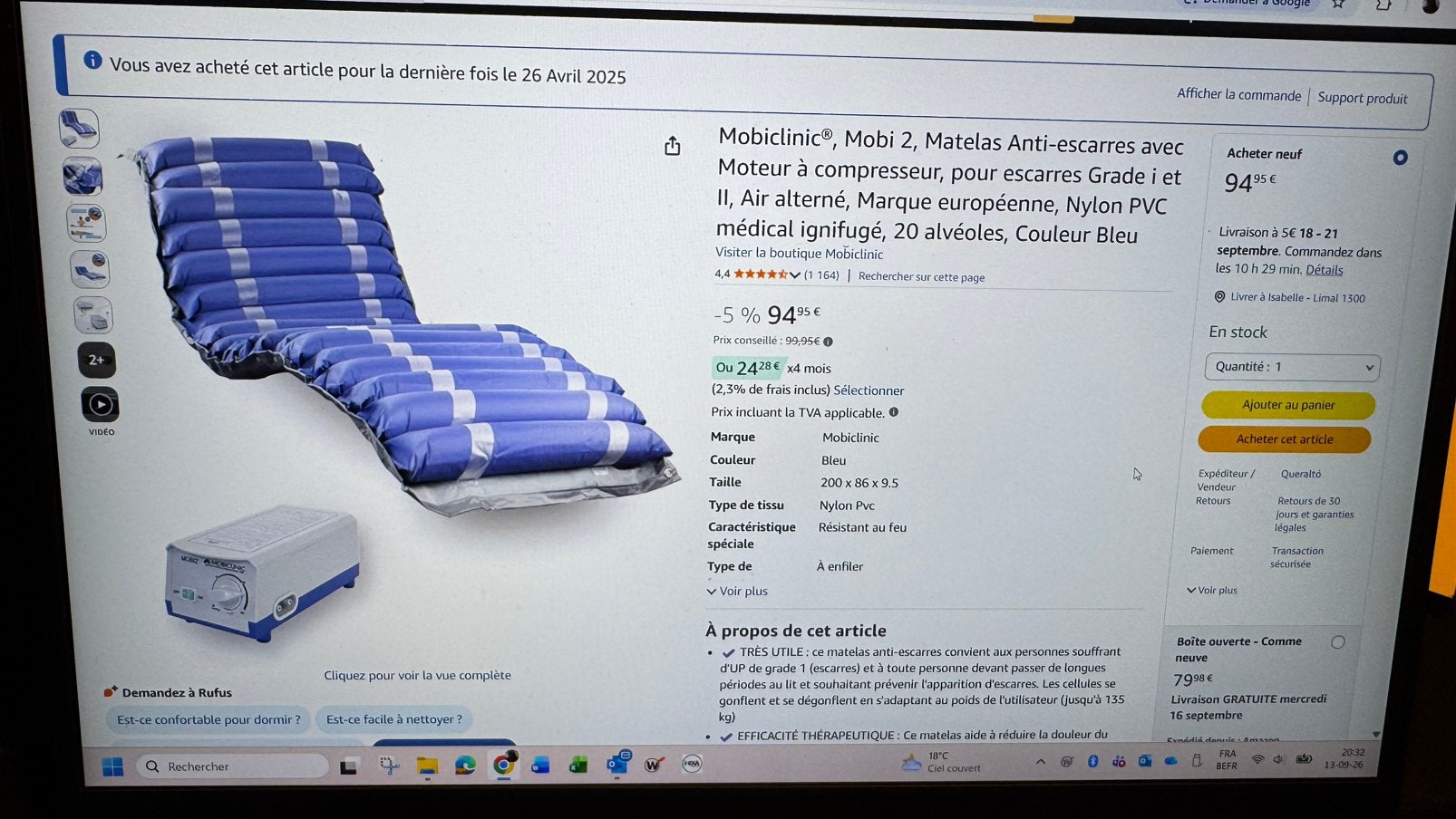 Matelas anti-escarres à air alterné Mobiclinic MOBI 2, Divers, Enlèvement, Comme neuf