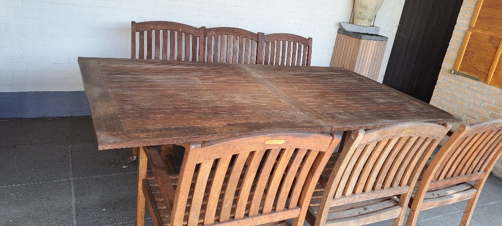 tuintafel teak + 8 stoelen + SERVEERTROLLEY, Ophalen, Zo goed als nieuw, Rechthoekig, Teakhout