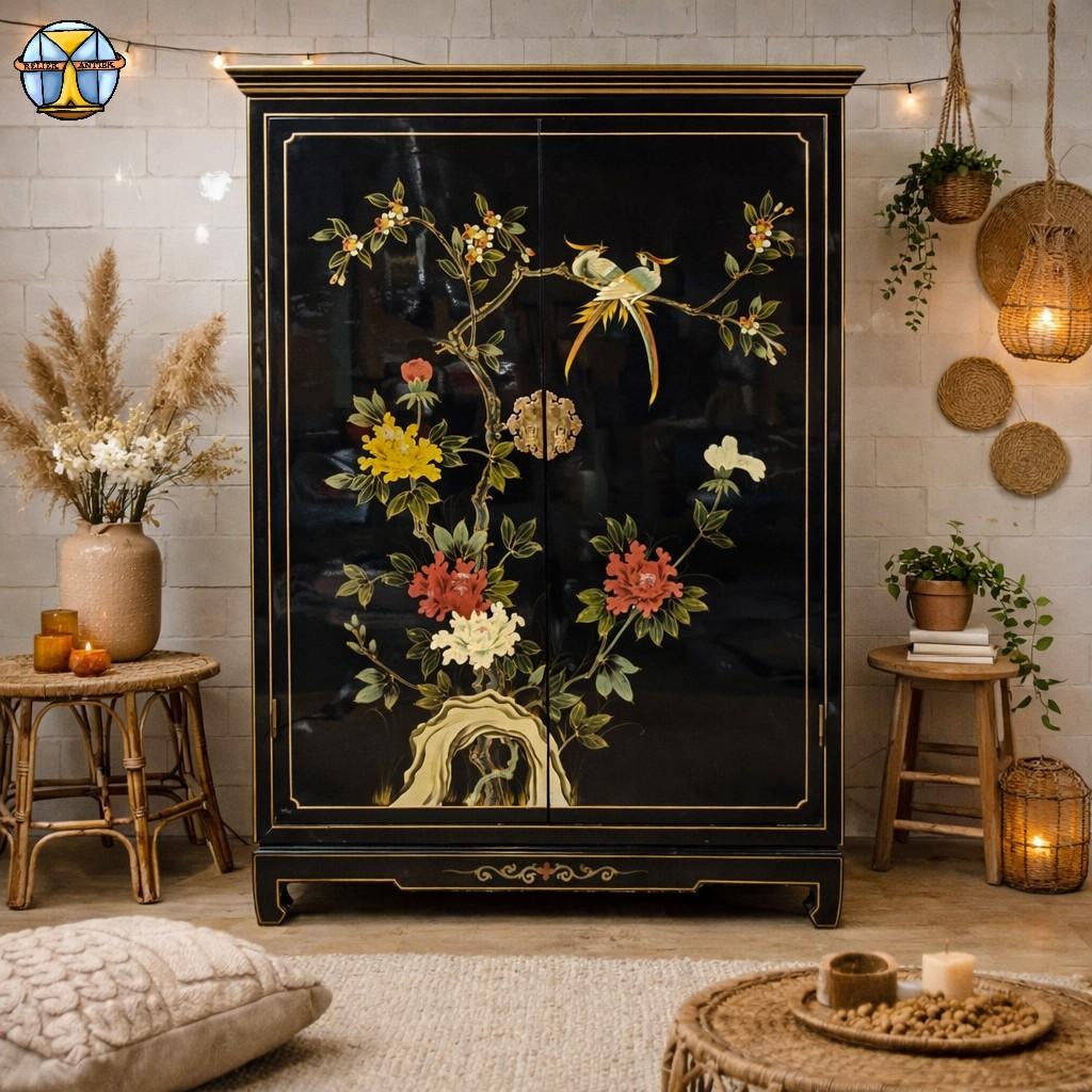 Vintage Chinese zwarte lakkast vogels en bloemen bohemian, Ophalen of Verzenden