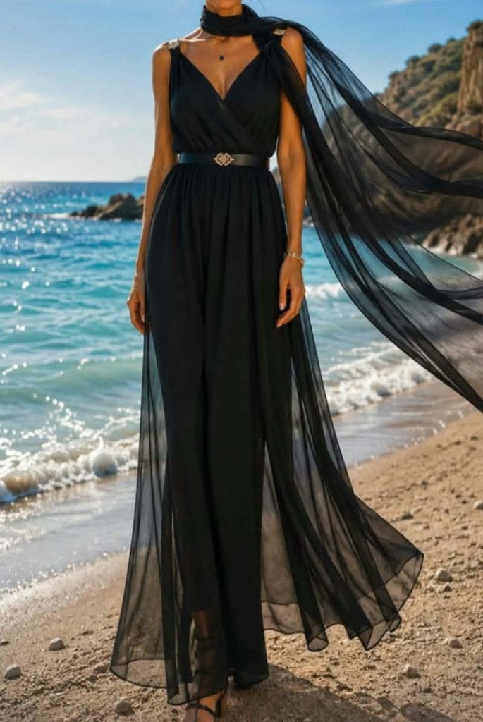 Elegante zwarte maxi jumpsuit V-hals, met chiffon nieuw, Kleding | Dames, Jumpsuits, Maat 38/40 (M), Zwart, Nieuw, Ophalen of Verzenden