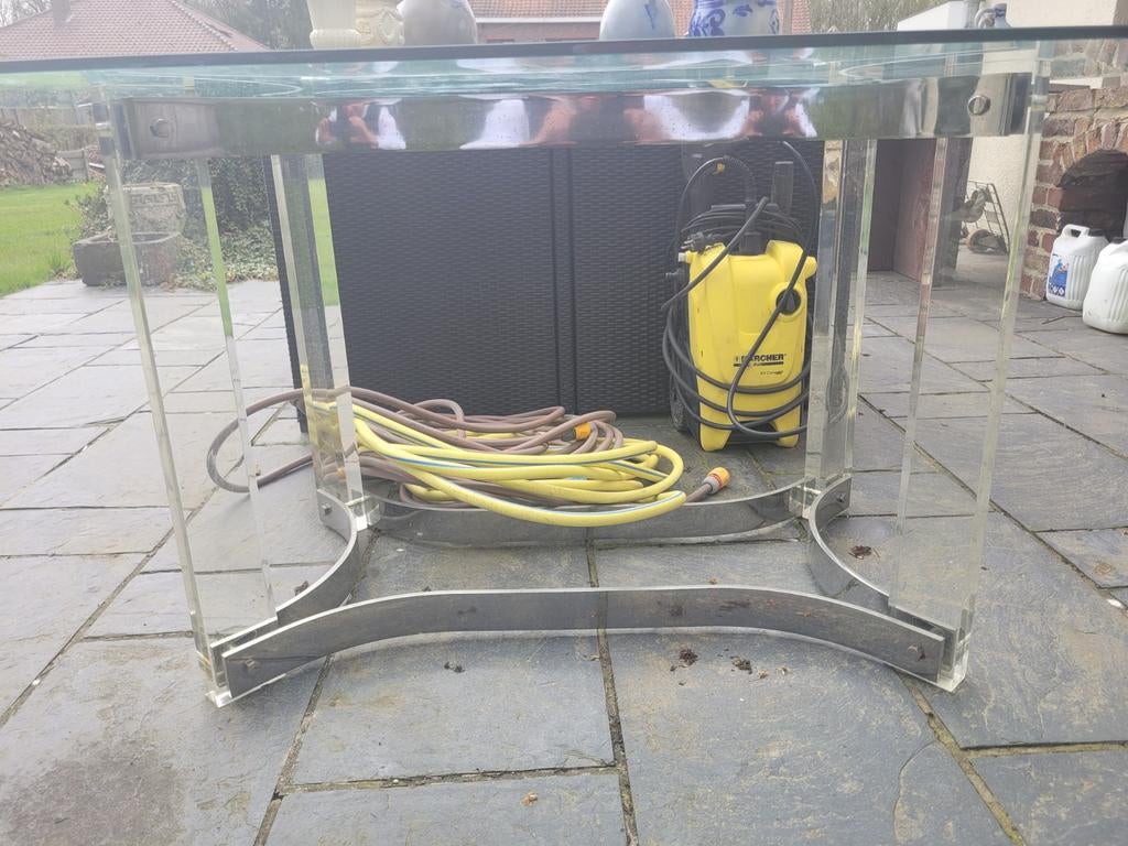 Dising eettafel jaren 70 plexiglas en vernikkeld brons, Huis en Inrichting, Tafels | Eettafels, Ophalen, Overige materialen, 100 tot 150 cm