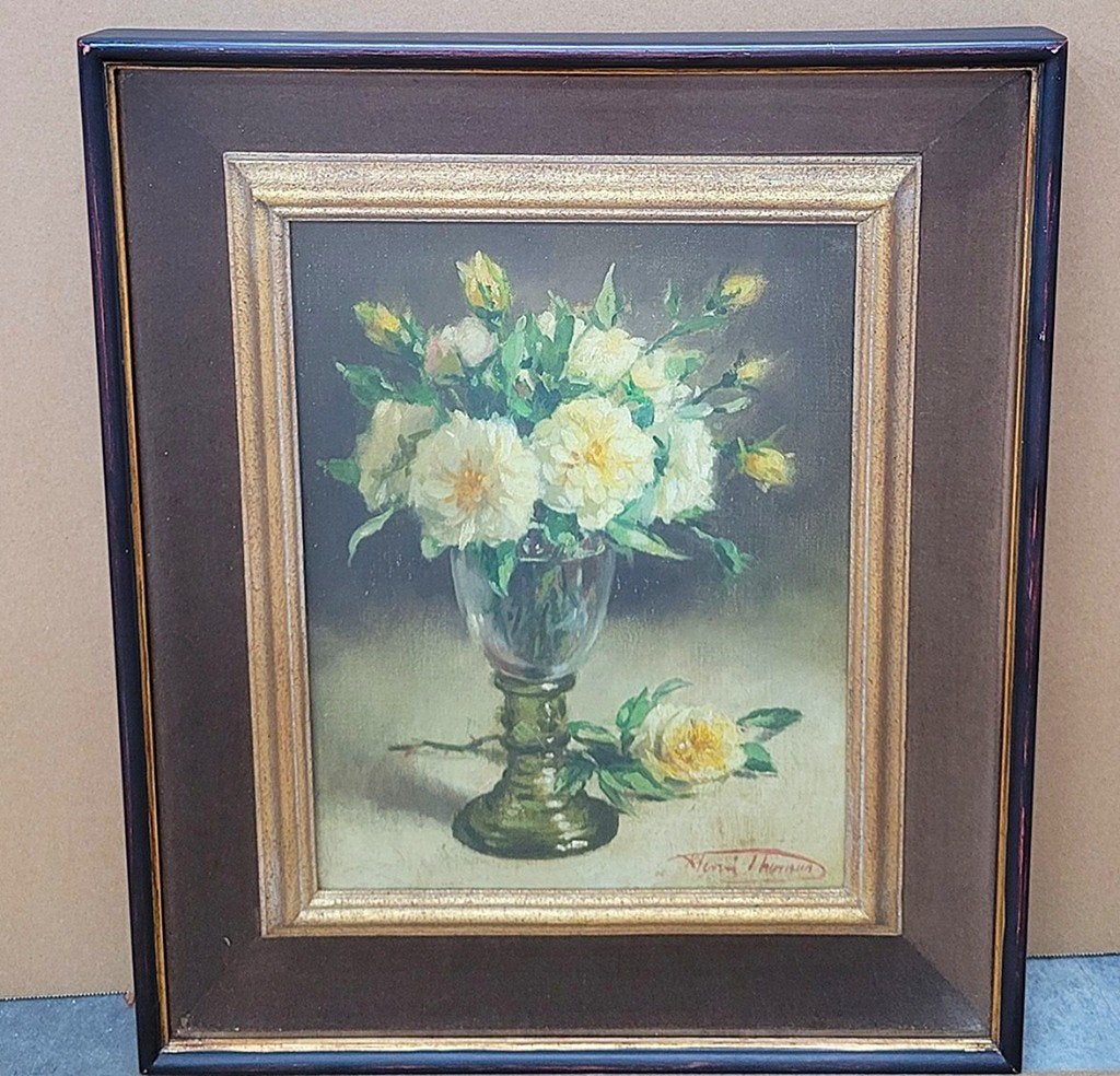 Henri THOMAS, vaas met gele dahlia's, Antiek en Kunst, Bloemen, Doek, Ophalen of Verzenden, Olieverf