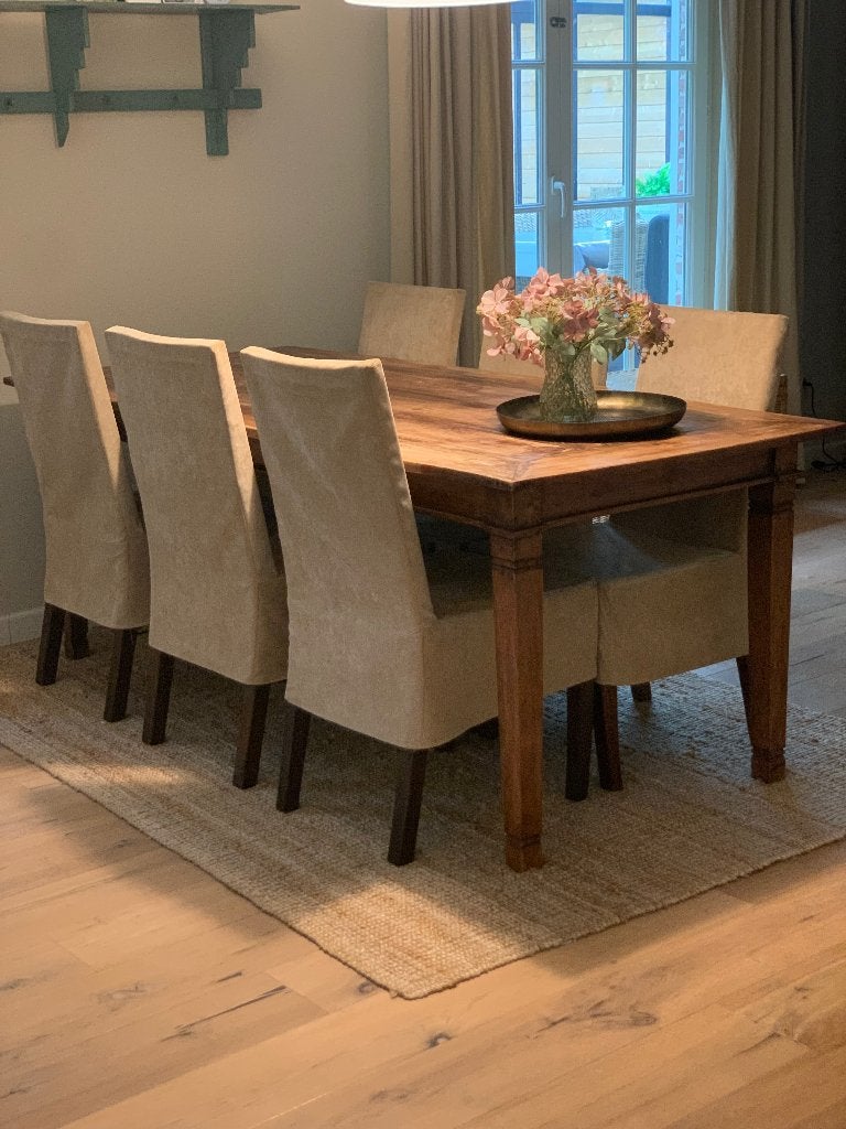 Teak eettafel met 6 stoelen inclusief stoelhoezen, Huis en Inrichting, Ophalen, Gebruikt, Koloniaal, 6 tot 8 stoelen