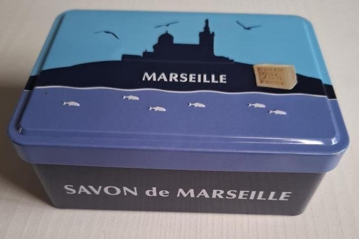 Savon de Marseille blikje, plaatjes Marsseille zeep blokken, Collections, Boîte en métal, Enlèvement ou Envoi, Utilisé, Autre