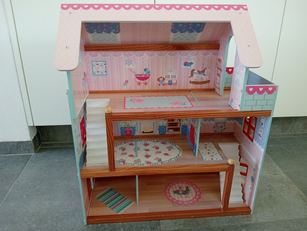 Houten poppenhuis bemeubeld met poppetjes (HABA + HAPE), Kinderen en Baby's, Ophalen, Zo goed als nieuw, Poppenhuis