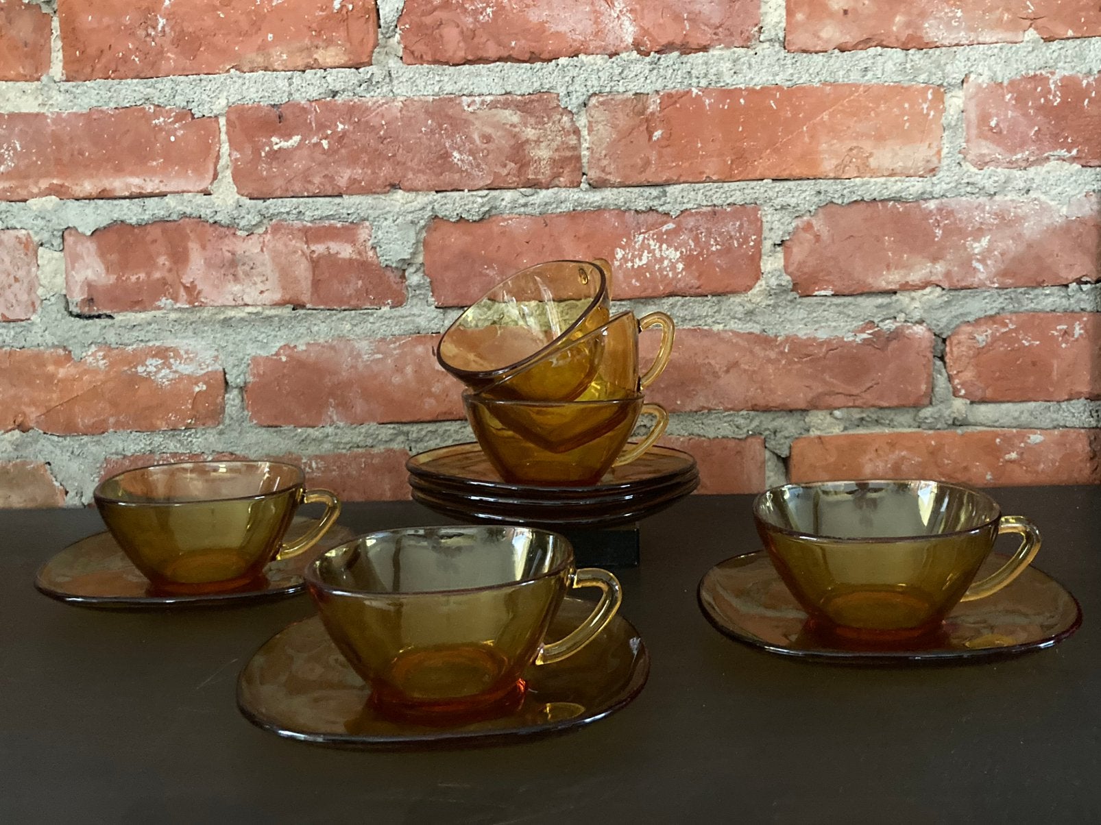 Vintage Amberkleurige Glazen Kop en Schotel Set (6 stuks), Ophalen of Verzenden