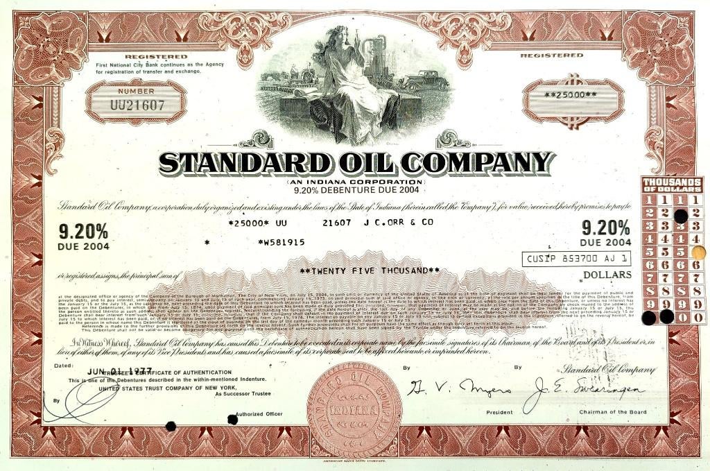 The Standard Oil Company 1977, Postzegels en Munten, Aandelen en Waardepapieren, Ophalen of Verzenden, 1970 tot heden, Obligatie of Lening