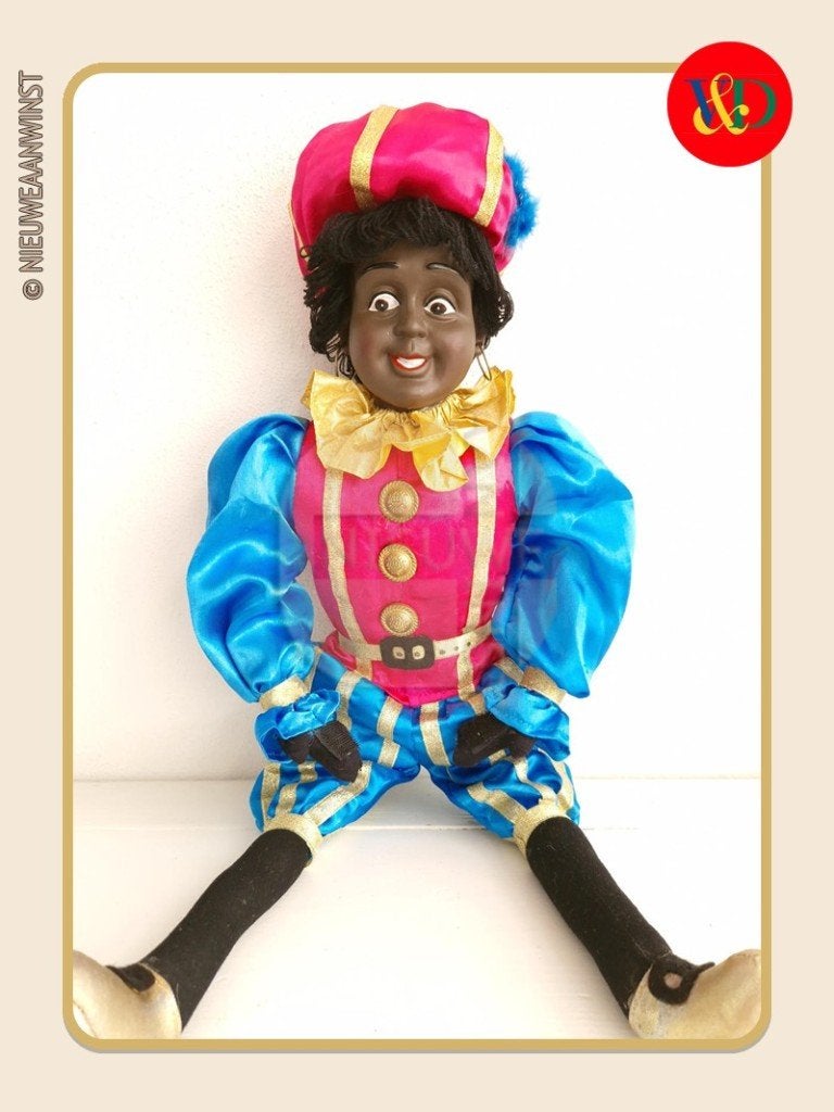 Nostalgische V&D etalage Piet pop - roze/blauw - 60cm, Verzenden, Zo goed als nieuw