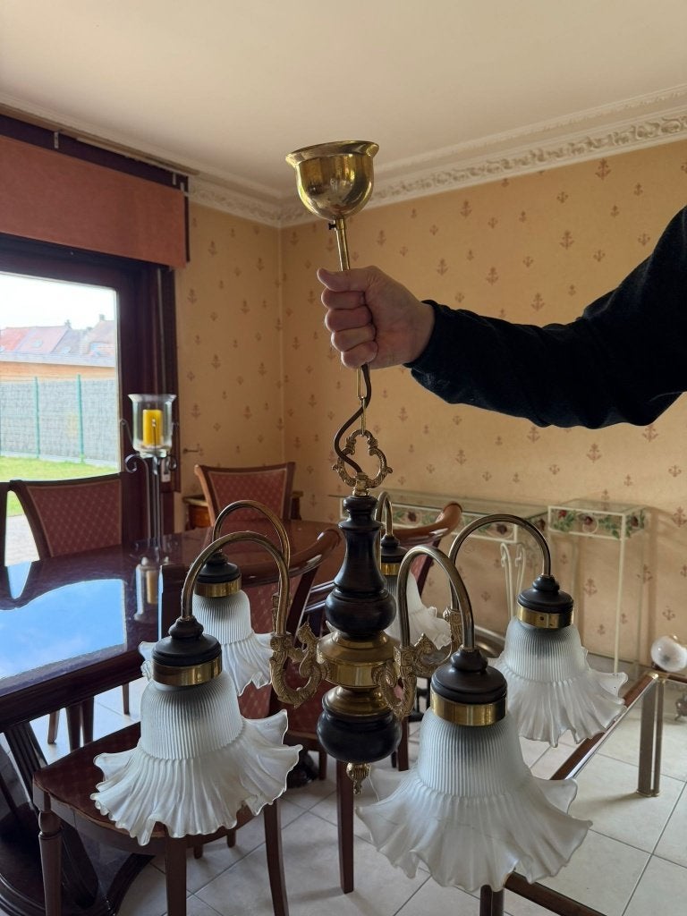 Vintage kroonluchter 5 koepels wit glas - bloemen, Ophalen, Zo goed als nieuw, Glas, Vintage