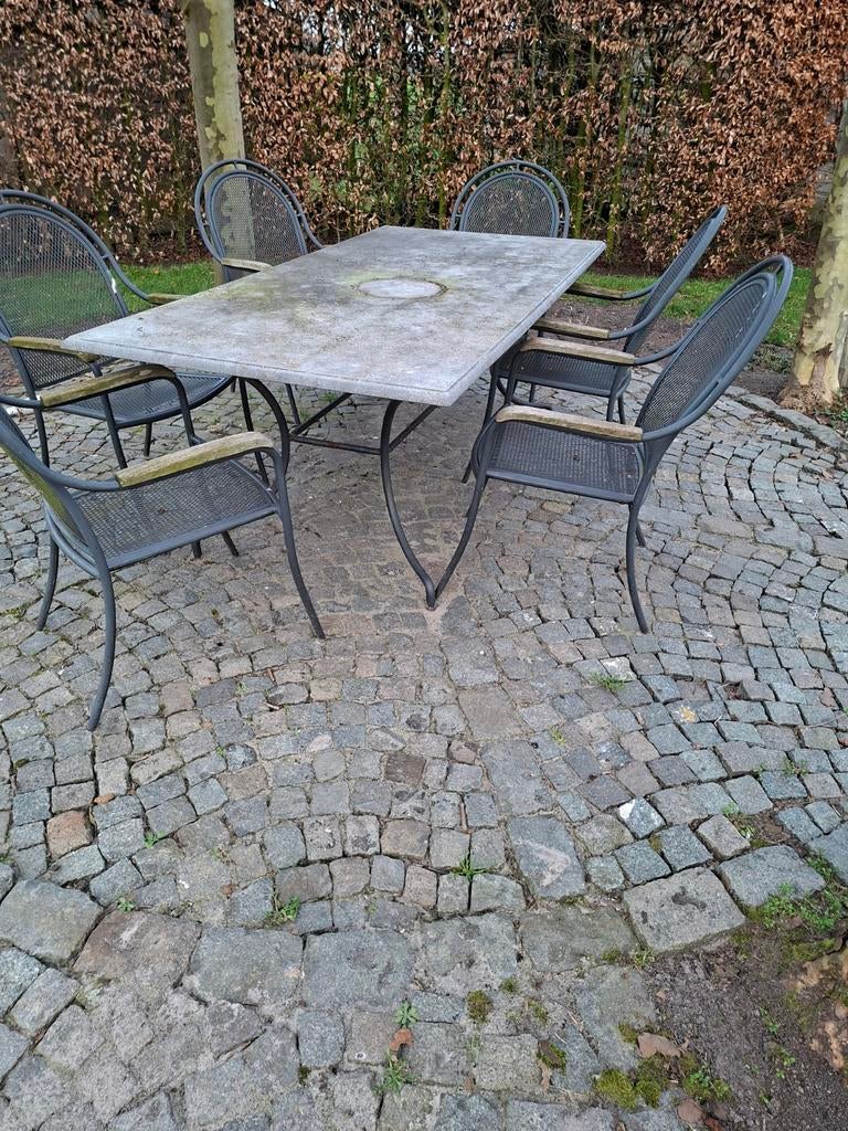 Arduine tafelblad met smeedijzer onderstel 6 stoelen, Tuin en Terras, Ophalen, Gebruikt, Eettafel, 6 zitplaatsen
