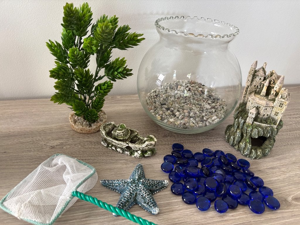 Visbokaal + Verschillende Decoraties + Schepnet, Ophalen, Inclusief planten, Gebruikt, Vissenkom