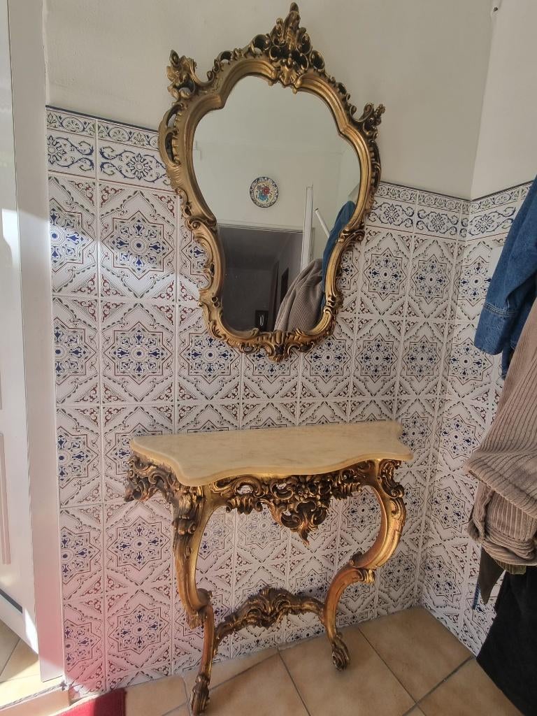 Franse 19e eeuwse stijl Console Tafel in marmer met spiegel, Antiquités & Art, Antiquités | Miroirs, 50 à 100 cm, 100 à 150 cm