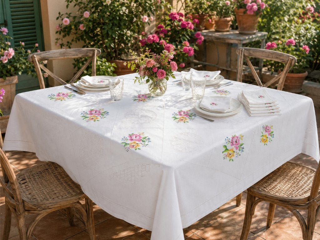 12. Nappe brodée main 120 x 120 + 6 serviettes assorties, Maison & Meubles, Nappe, Enlèvement ou Envoi, Comme neuf