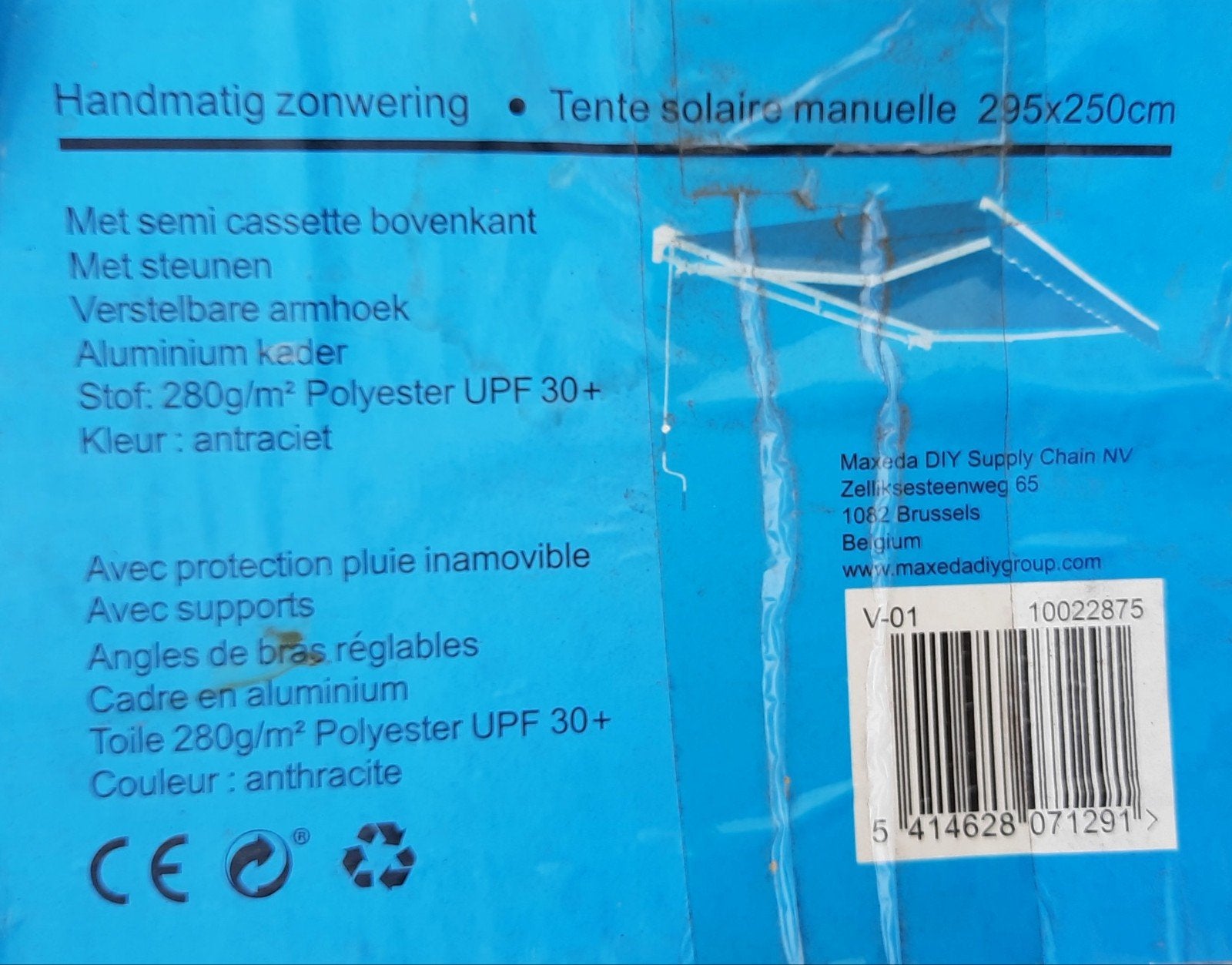 Handmatige zonnewering antraciet 295cm op 250cm, Ophalen