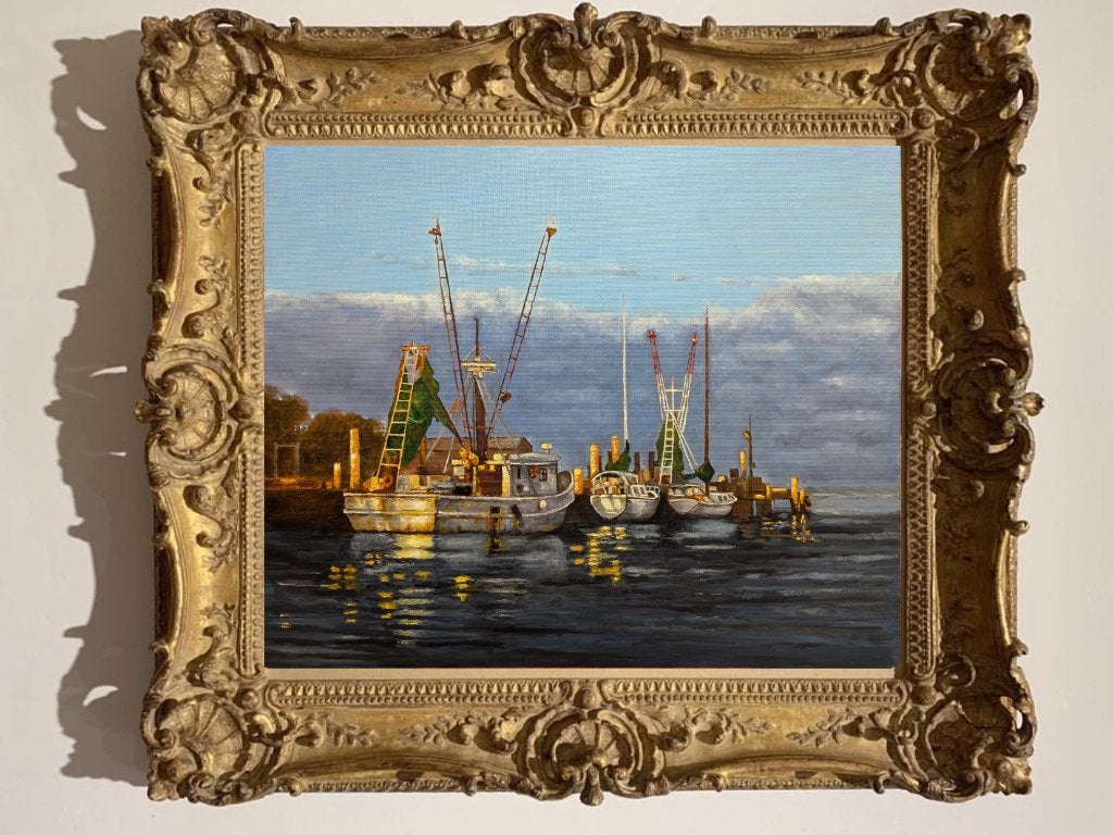 « Une soirée tranquille dans un port de pêche », Antiquités & Art, Art | Peinture | Moderne, Textile, Peinture à l'huile, Paysage