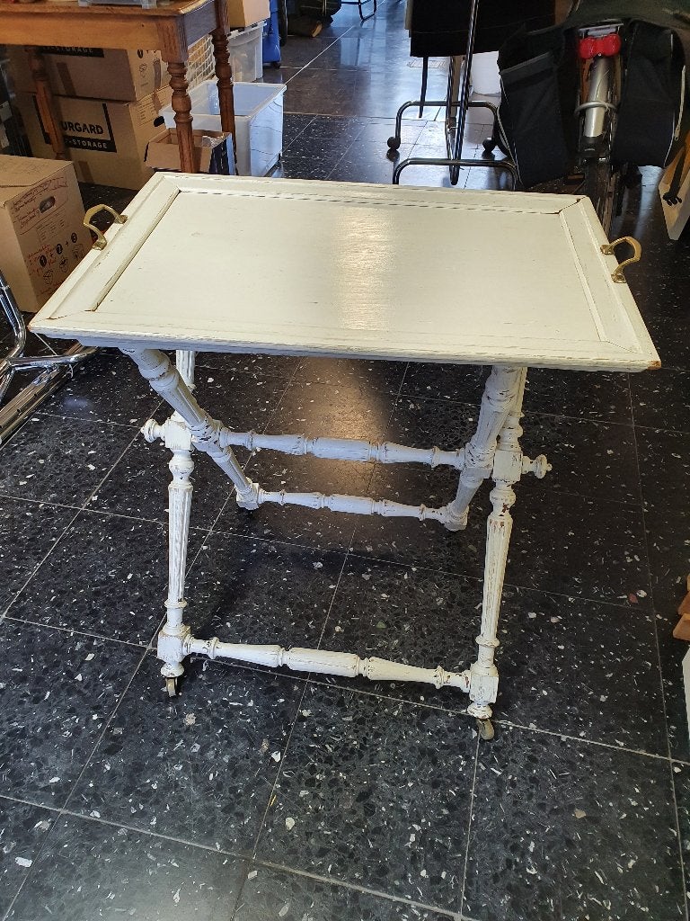 retro tray met afneembaar dienblad op koperen wieltjes, Ophalen, Gebruikt, Afneembaar, Hout