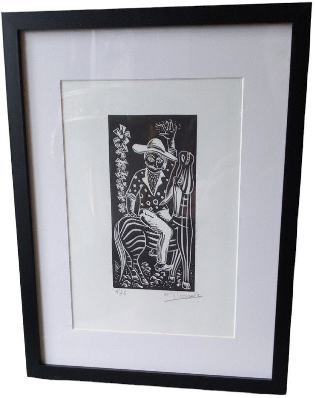 Willy Lecomte houtsnede "zelfportret te paard", Antiek en Kunst, Ophalen of Verzenden, Houtsnede, Gesigneerd