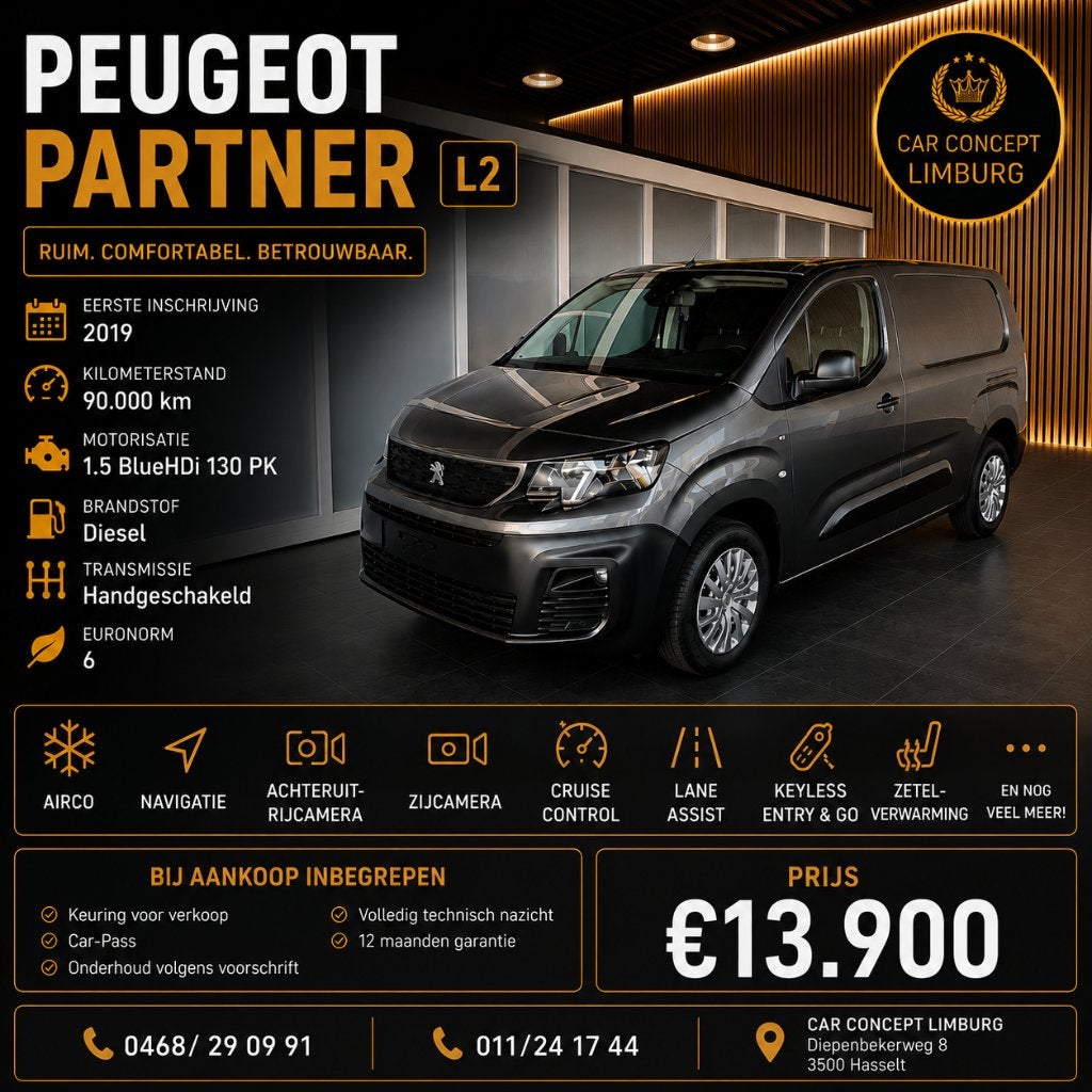 Peugeot Partner L2 | 90.000 km | Camera | Keyless | Navi, Autos, Argent ou Gris, Achat, Euro 6, Entreprise