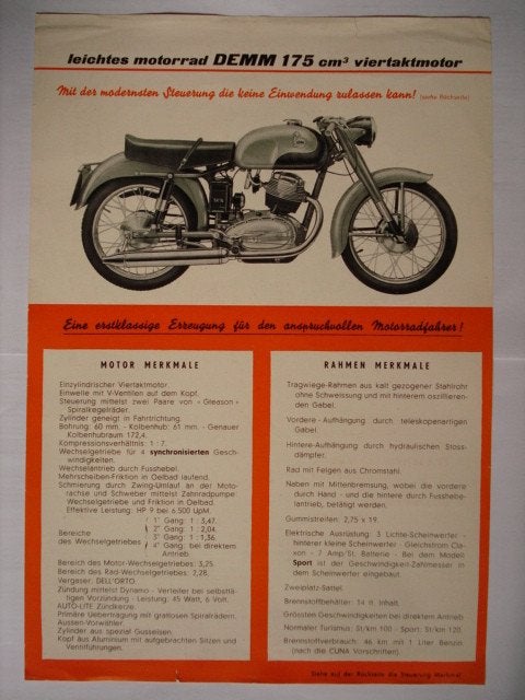 DEMM 175 cm³ 1955? Brochure Catalogue Prospekt, Verzenden, Gebruikt, Motoren