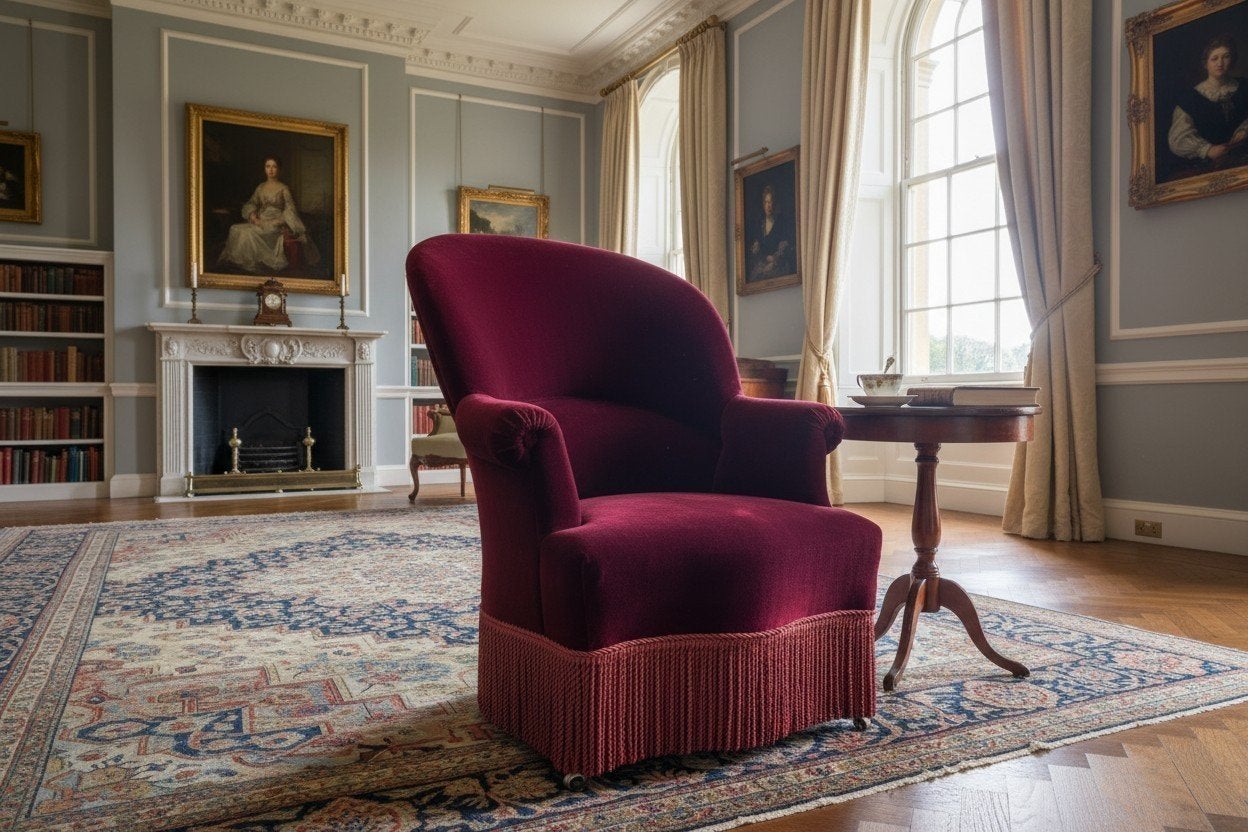 Vintage wijnrode fauteuil / stoel met franjes, Antiek en Kunst, Ophalen of Verzenden