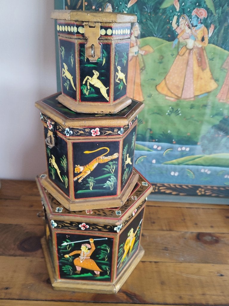 Inde, artisanat du Rajasthan: nesting boxes boîtes gigognes, Enlèvement ou Envoi, Bois, Boîte, Inde
