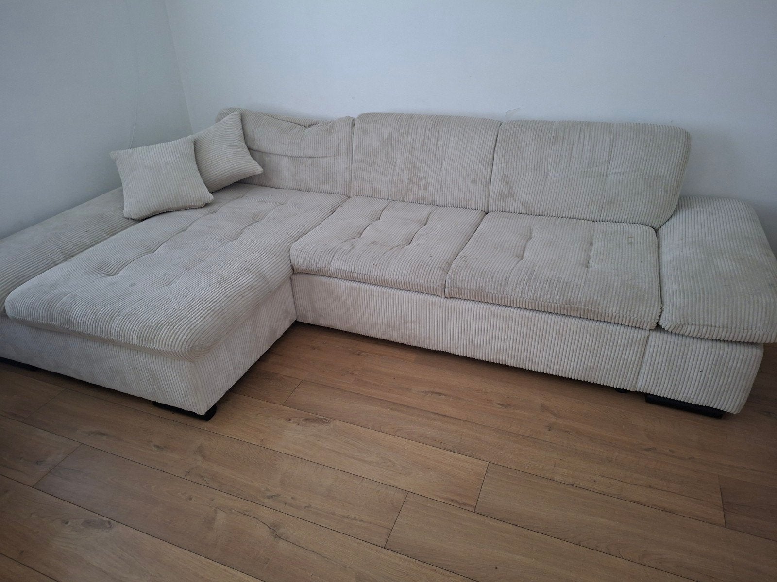 Ruime beige/crème hoekzetel met longchair, Huis en Inrichting, Ophalen, Stof