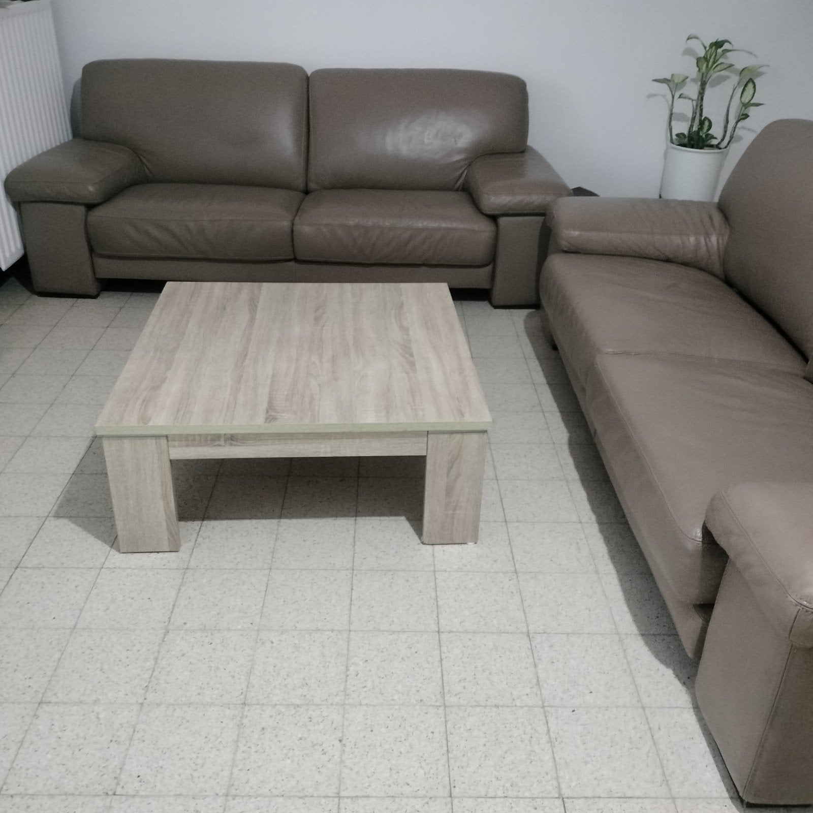 Bruine Lederen Zetels + Salontafel – Goede Staat, Ophalen