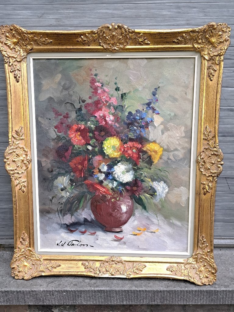Huile sur toile fleurs signe jean jacques foulon, Antiquités & Art, Enlèvement ou Envoi, Fleurs, Toile