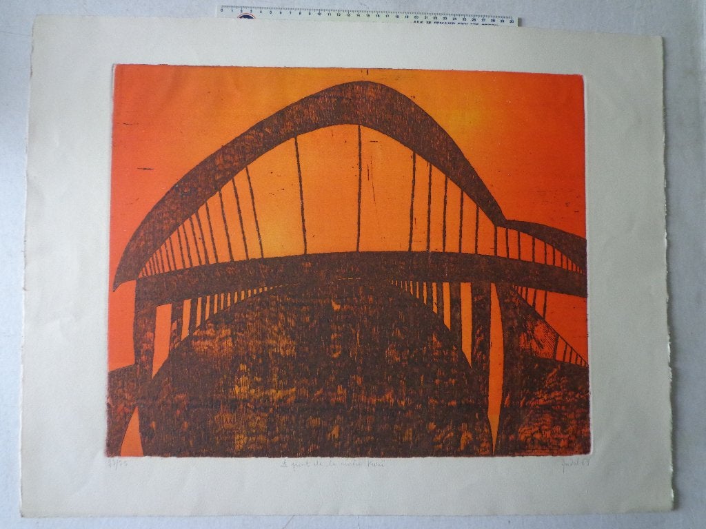 kleurrijke ets van Anval "Le pont de la rivière Kwai" 1969, Antiek en Kunst, Ophalen of Verzenden, Gesigneerd, Landschap, 1950 - 1999