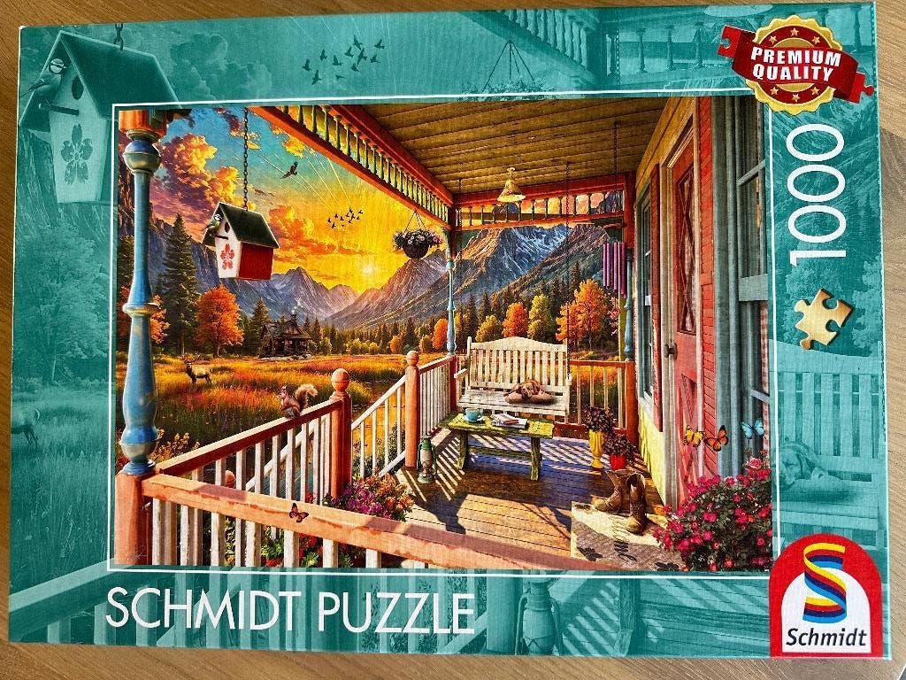 Schmidt puzzel bergland veranda 1000 stukjes zgan, Ophalen of Verzenden, 500 t/m 1500 stukjes, Zo goed als nieuw, Legpuzzel