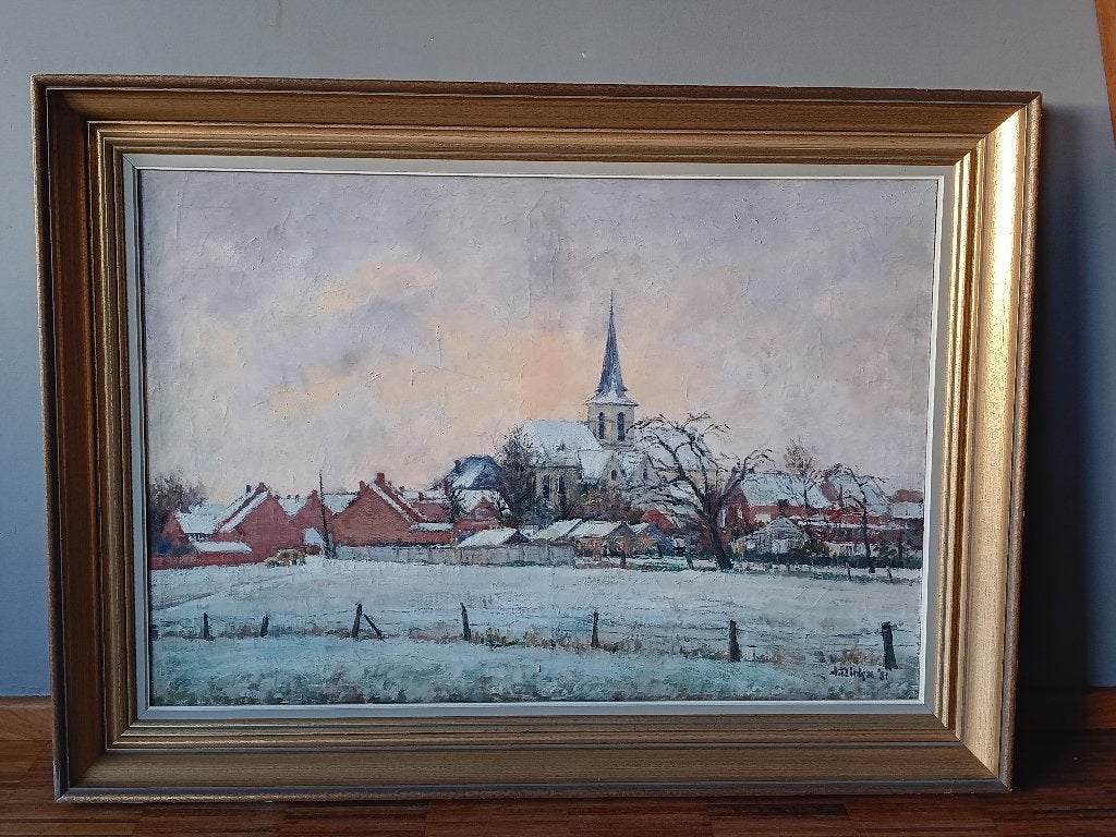 Groot schilderij gesigneerd en gedateerd in kader, Ophalen, Gedateerd, Landschap, Doek