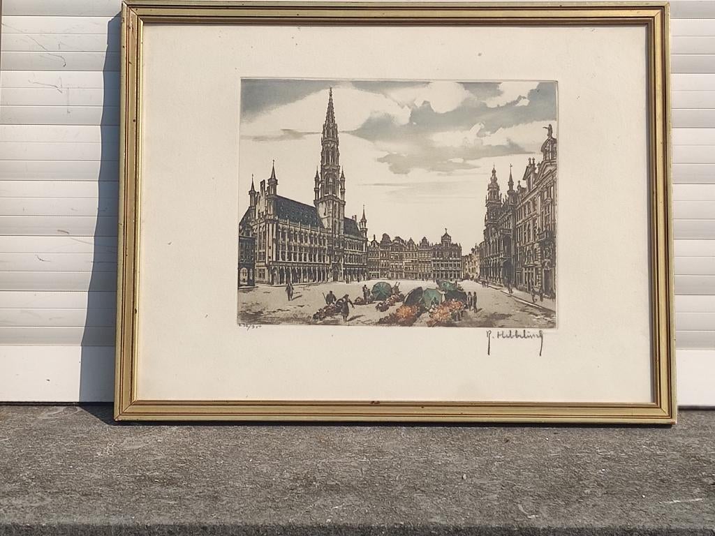 gravure grand place de bruxelles signe roger hebbelinck, Antiek en Kunst, Kunst | Etsen en Gravures, Ophalen of Verzenden