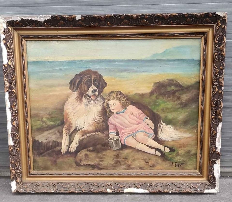 Huile sur toile jeune fille signe i duran 1947, Enlèvement ou Envoi, Toile