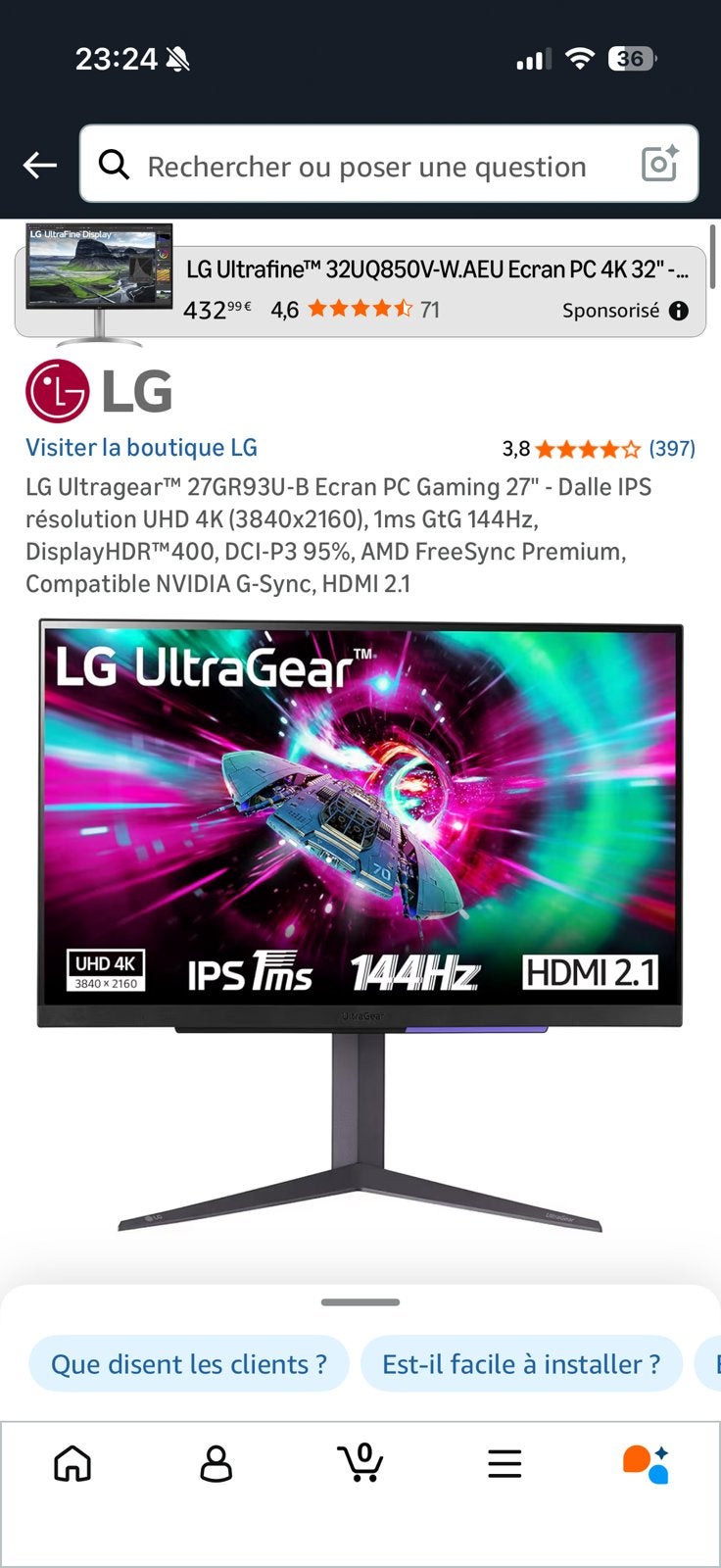 LG UltraGear 27GR93U-B – Écran Gaming 27” 4K 144Hz, Gaming, HDMI, IPS, Comme neuf