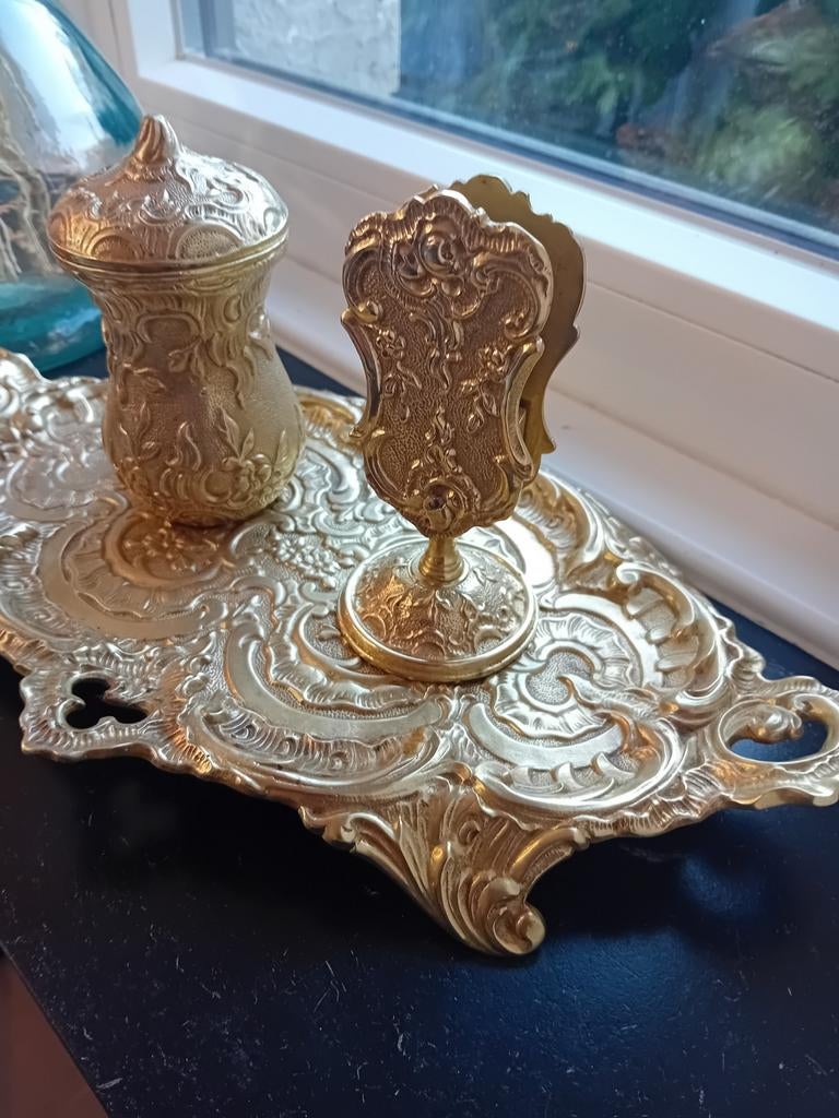 Nécessaire de bureau ancien Laiton doré - D.L. Déposé No.9, Antiek en Kunst, Ophalen of Verzenden, Brons
