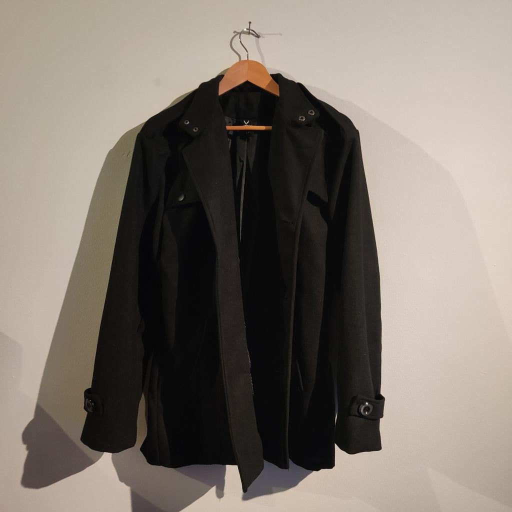 Zwarte jas heren, gekleed, knoopsluiting, T XL, Kleding | Heren, Kostuums en vesten, Zo goed als nieuw, Maat 56/58 (XL), Zwart
