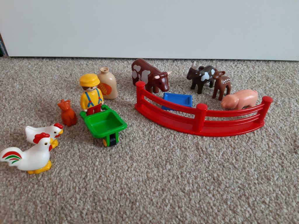 Playmobil 1.2.3. boer met heel veel diertjes, kruiwagen, ..., Kinderen en Baby's, Ophalen of Verzenden, Zo goed als nieuw, Complete set